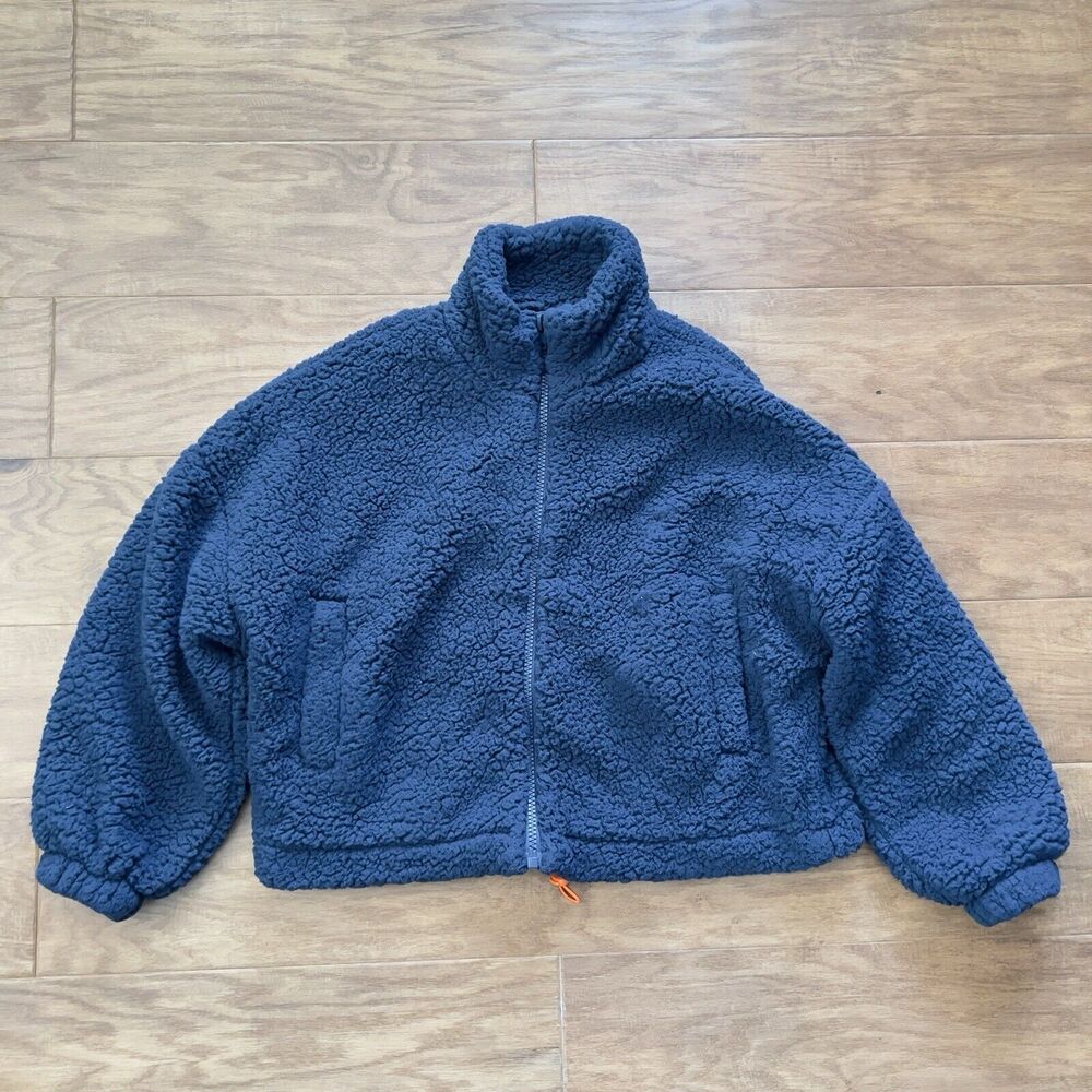 Urban Outfitters Teddy Jacket Size XS Blue Sherpa Fleece Cropped